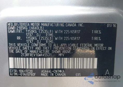 2016 Toyota Rav4 Xle z USA, uszkodzony, nr VIN 2T3RFREV1GW445531